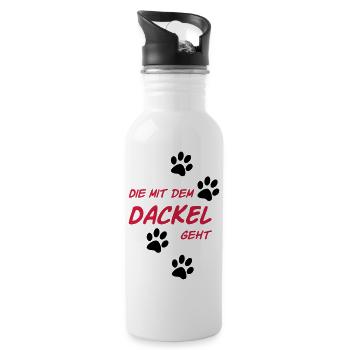 Die mit dem Dackel geht - Trinkflasche mit integriertem Trinkhalm - Weiß - Rechts