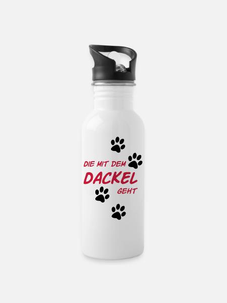 Die mit dem Dackel geht - Trinkflasche mit integriertem Trinkhalm - Weiß