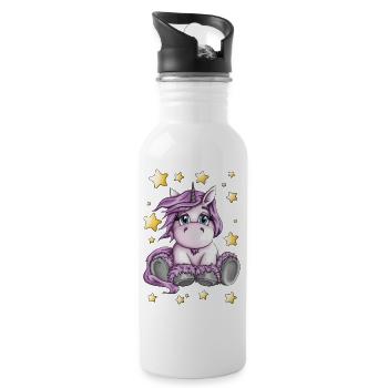 Cute Pink Unicorn Foal Cartoon Stars Drawing - Water bottle with straw - white - Right