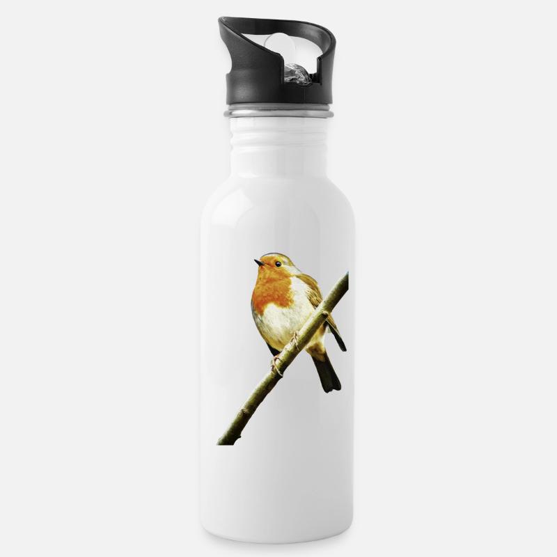 Rotkehlchen - Trinkflasche mit integriertem Trinkhalm - Weiß