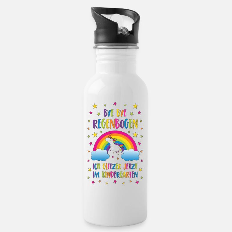 Bye Bye Regenbogen Kindergarten Einhorn Glitzer - Trinkflasche mit integriertem Trinkhalm - Weiß