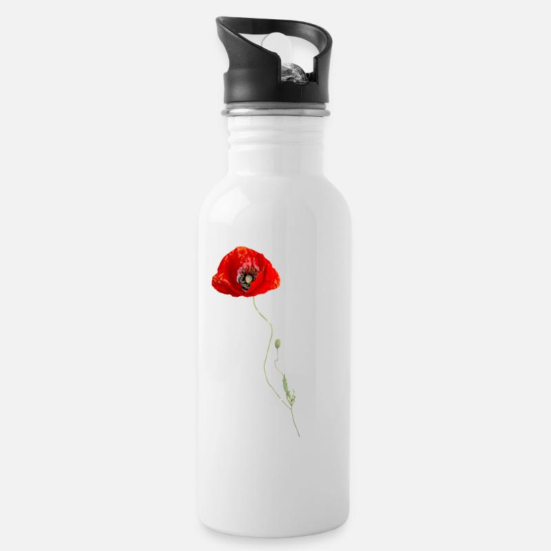 Mohnblume - Trinkflasche mit integriertem Trinkhalm - Weiß