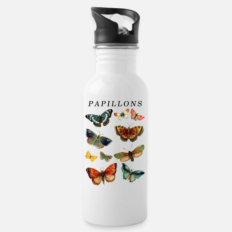 Papillons Papillon Vintage Graphique - Gourde avec paille intégrée - blanc