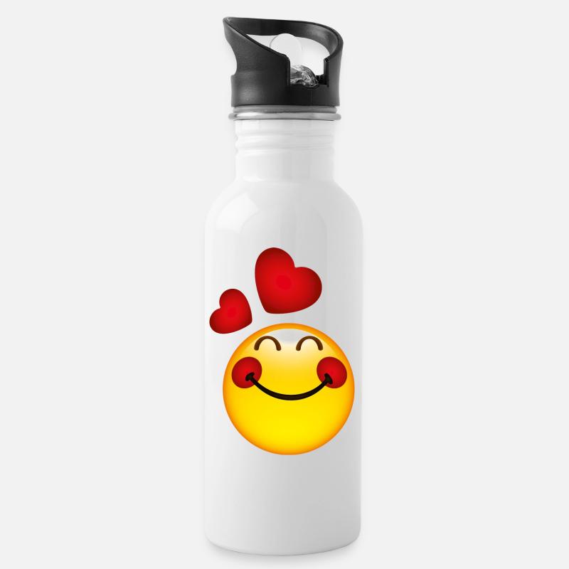 Smiley in Love - Trinkflasche mit integriertem Trinkhalm - Weiß