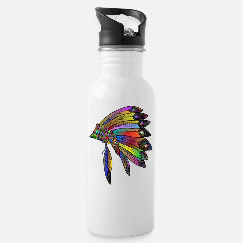 Native American - Water bottle with straw - white