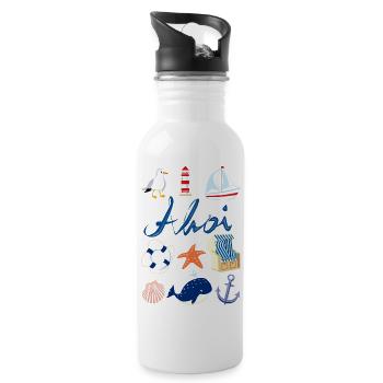 Ahoi maritim Design - Trinkflasche mit integriertem Trinkhalm - Weiß - Rechts