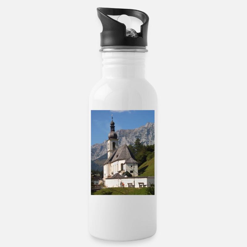 Ramsauer Kirche bei Berchtesgaden - Trinkflasche mit integriertem Trinkhalm - Weiß