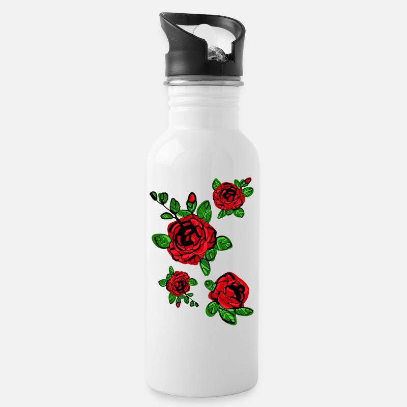 Rote Rosen blühen - Trinkflasche mit integriertem Trinkhalm - Weiß