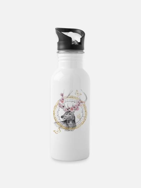 * Hirsch mit Blumen-Geweih * in Wasserfabtechnik - Trinkflasche mit integriertem Trinkhalm - Weiß