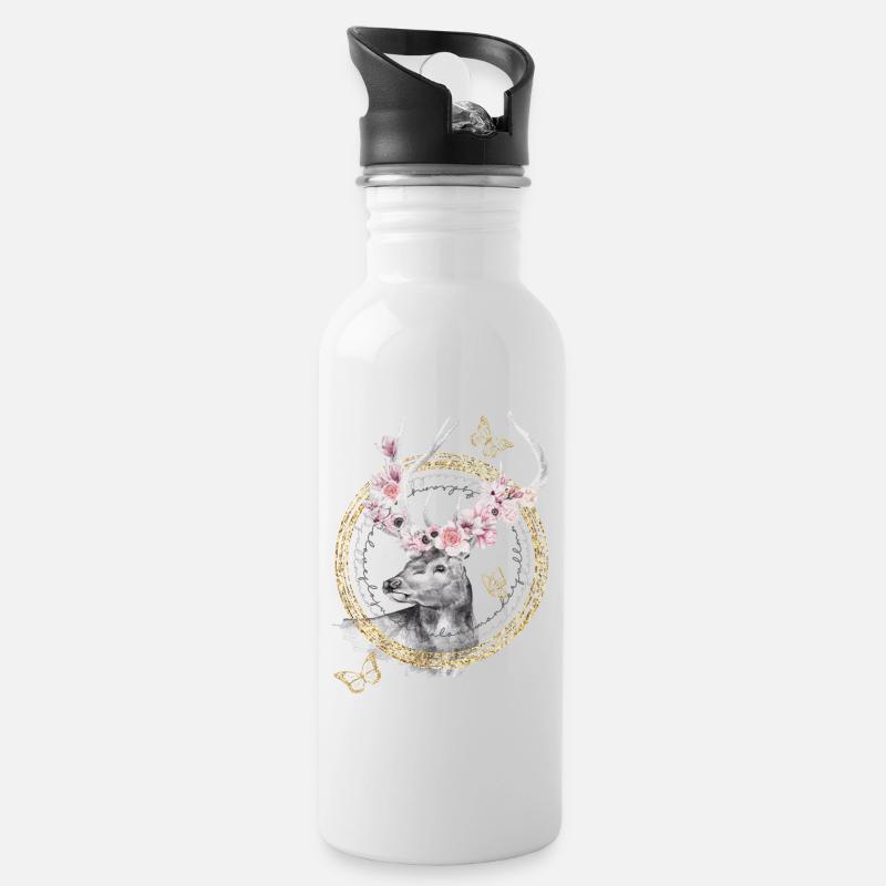 * Hirsch mit Blumen-Geweih * in Wasserfabtechnik - Trinkflasche mit integriertem Trinkhalm - Weiß