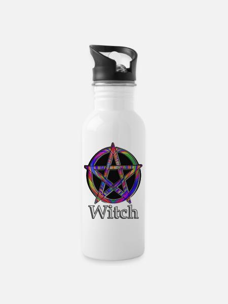 Pentagramm mit Witch Schriftzug - Trinkflasche mit integriertem Trinkhalm - Weiß