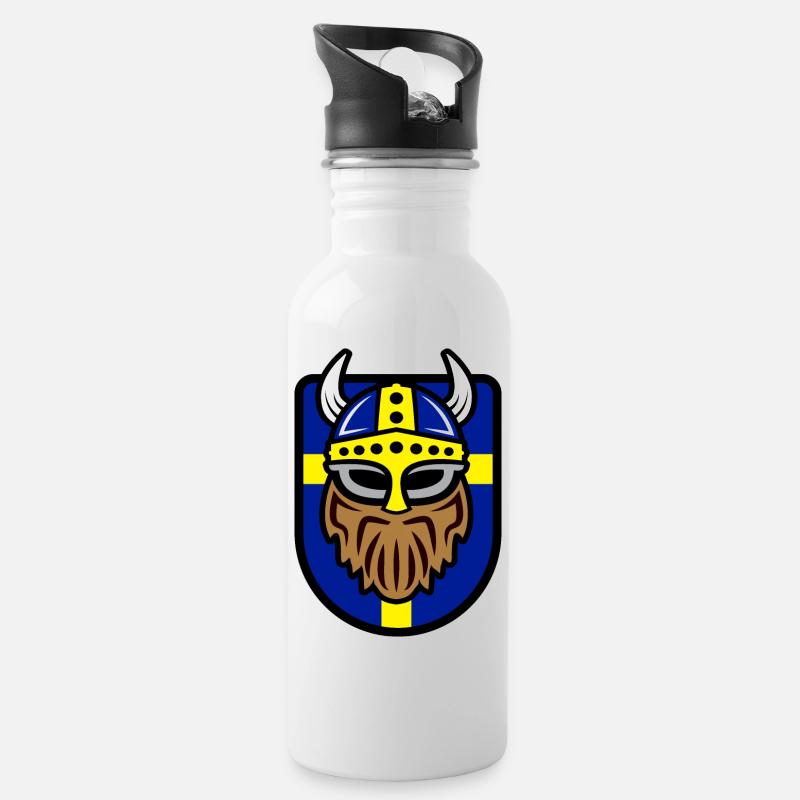 Cooler Wikinger mit Schwedischer Flagge - Trinkflasche mit integriertem Trinkhalm - Weiß