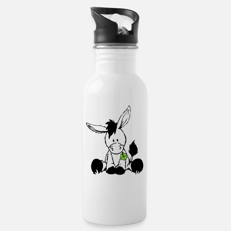 Esel mit grünem Klee - Trinkflasche mit integriertem Trinkhalm - Weiß