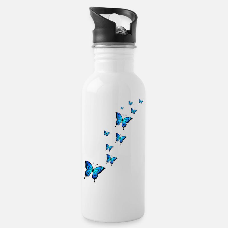 Blauer Schmetterling - Trinkflasche mit integriertem Trinkhalm - Weiß