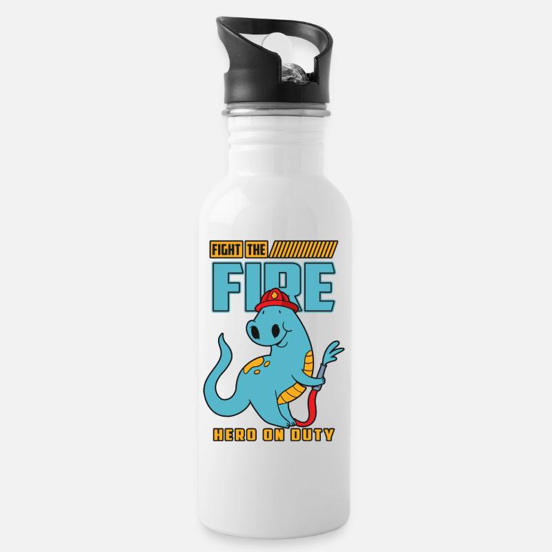 Feuerwehr Dino - Trinkflasche mit integriertem Trinkhalm - Weiß