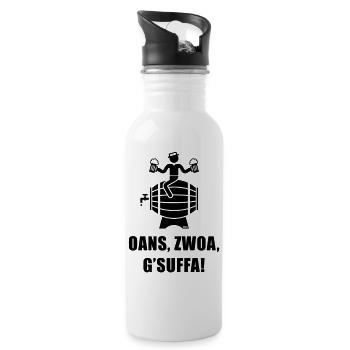 Oans, Zwoa, G’Suffa! (Bier Trinker Auf Bierfass) - Trinkflasche mit integriertem Trinkhalm - Weiß - Rechts