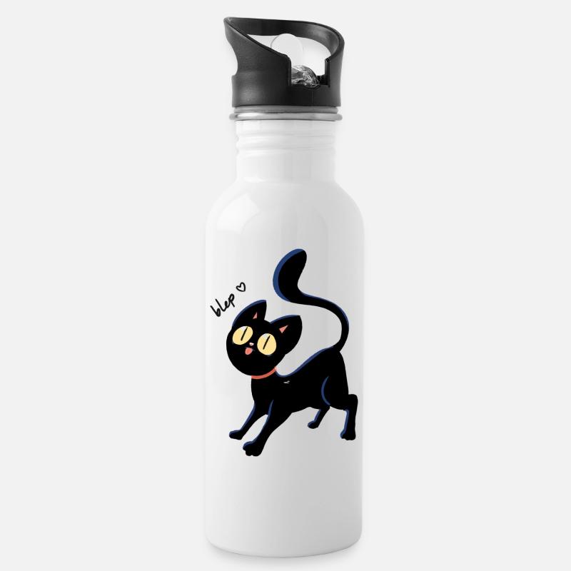Schwarze Blep Katze - Trinkflasche mit integriertem Trinkhalm - Weiß