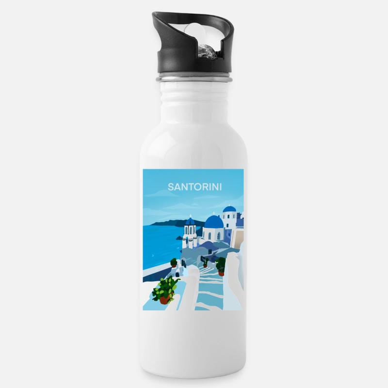 SAntorini, Griechenland - Trinkflasche mit integriertem Trinkhalm - Weiß