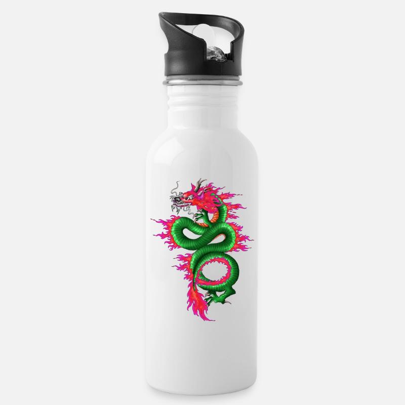 Drache Grün Pink - Trinkflasche mit integriertem Trinkhalm - Weiß