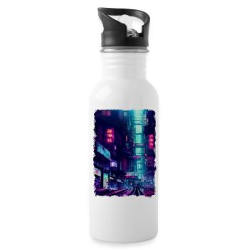 Futuristische Stadt bei Nacht in Neon - Trinkflasche mit integriertem Trinkhalm - Weiß - Rechts
