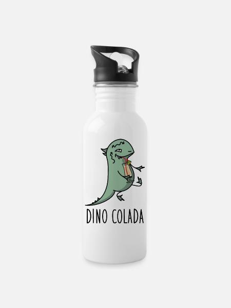 Dino mit Cocktail - Trinkflasche mit integriertem Trinkhalm - Weiß