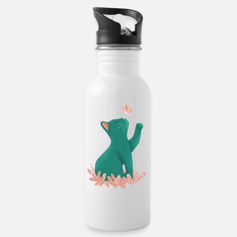 Blaues Kätzchen und rosa Schmetterling - Trinkflasche mit integriertem Trinkhalm - Weiß