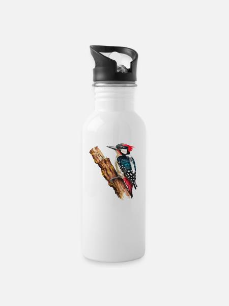 Aquarellspecht auf einem Baum - Trinkflasche mit integriertem Trinkhalm - Weiß