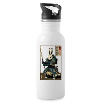 Japanischer Hase in Samurairüstung in Ukiyo-e Stil - Trinkflasche mit integriertem Trinkhalm - Weiß - Rechts