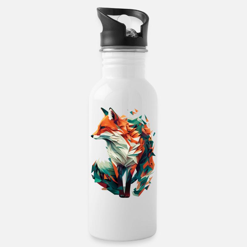 Fuchs Artwork Polygon Origami Orange Grün Edel - Trinkflasche mit integriertem Trinkhalm - Weiß