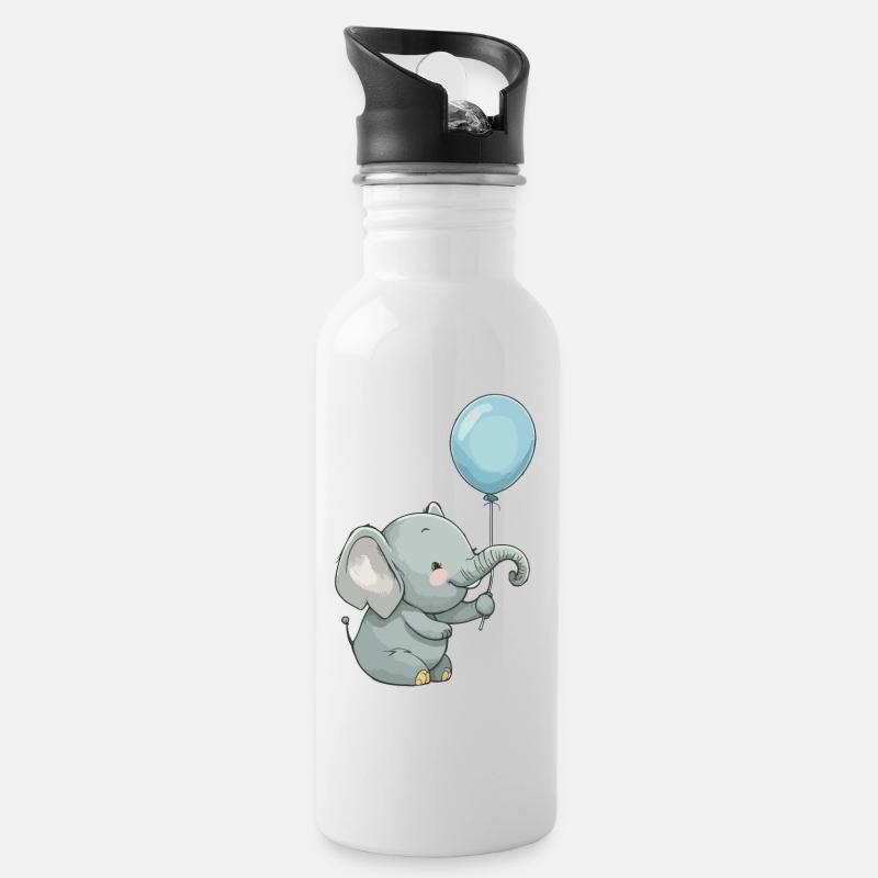 kleiner Elefant mit Luftballon - Trinkflasche mit integriertem Trinkhalm - Weiß