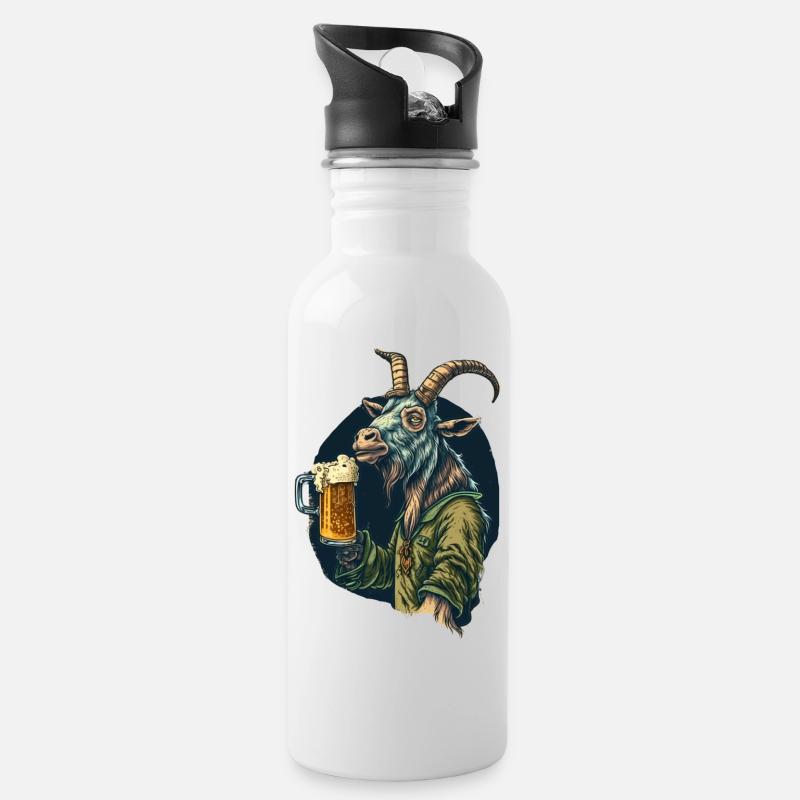 Lustiger Bock mit Bier - Trinkflasche mit integriertem Trinkhalm - Weiß
