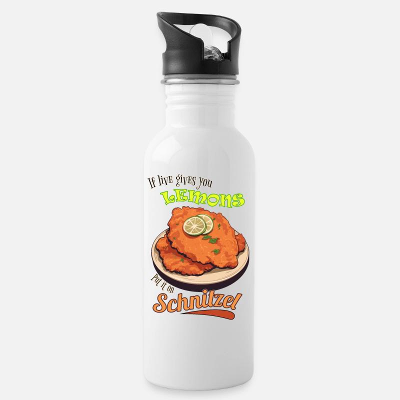 Life Lemon Schnitzel - Trinkflasche mit integriertem Trinkhalm - Weiß