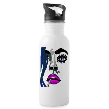 Gesicht eines Topmodel - rosa Mund und blaue Augen - Trinkflasche mit integriertem Trinkhalm - Weiß - Rechts