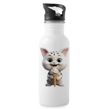 Katze mit Eis - Trinkflasche mit integriertem Trinkhalm - Weiß - Rechts