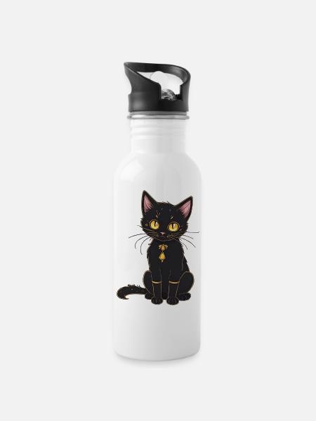 Black cat - Water bottle with straw - white