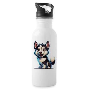 Karikatur Husky - Trinkflasche mit integriertem Trinkhalm - Weiß - Rechts