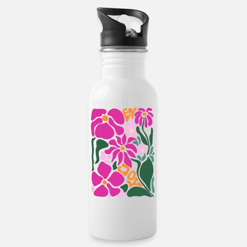 Gute Laune Blumen - enjoy - Trinkflasche mit integriertem Trinkhalm - Weiß