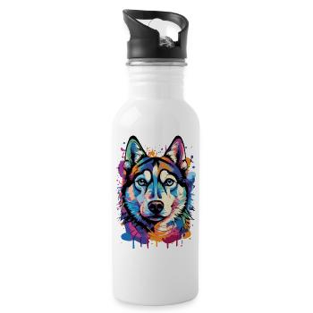 Husky Farbenfroh - Husky Hund - Bunter Husky - Trinkflasche mit integriertem Trinkhalm - Weiß - Rechts