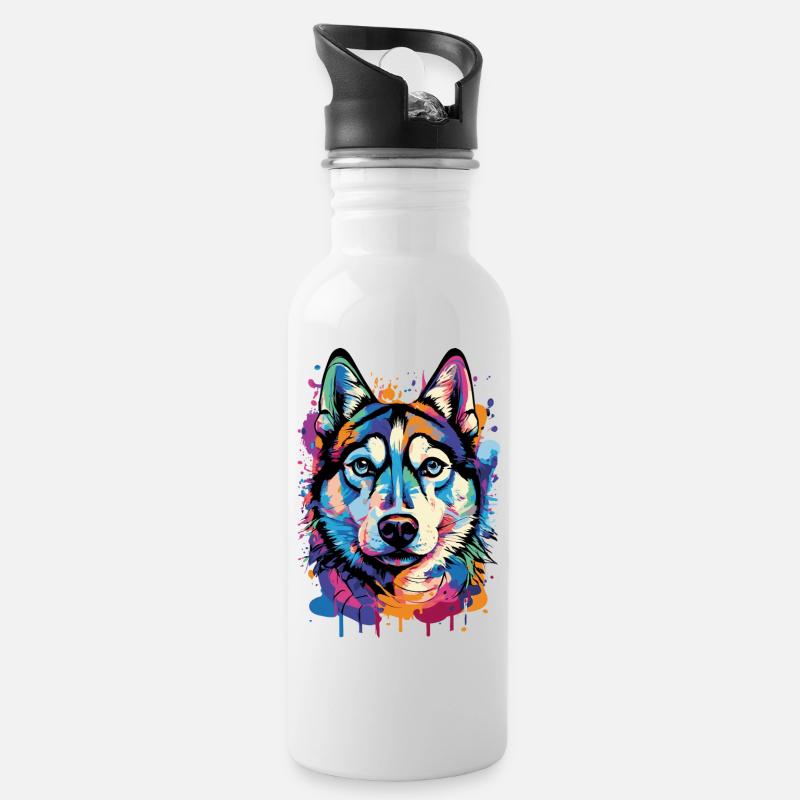Husky Farbenfroh - Husky Hund - Bunter Husky - Trinkflasche mit integriertem Trinkhalm - Weiß