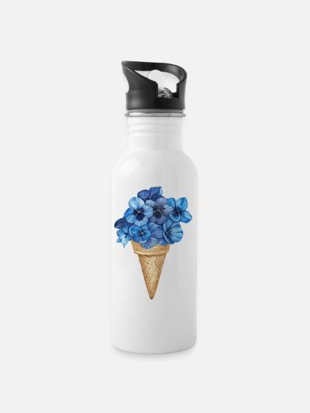 Blumiges Eis - Trinkflasche mit integriertem Trinkhalm - Weiß