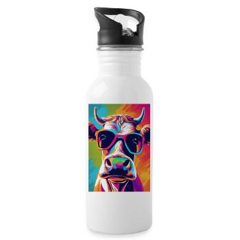 Kuh mit Brille - Trinkflasche mit integriertem Trinkhalm - Weiß - Rechts