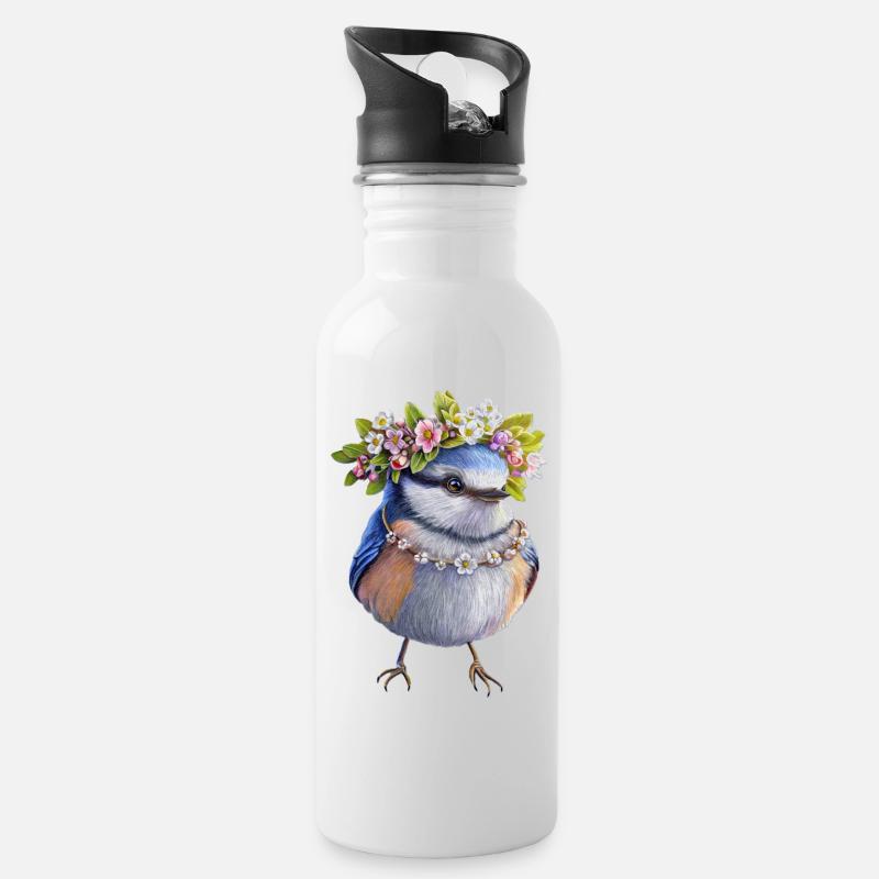 Vogel Blumenkranz - Trinkflasche mit integriertem Trinkhalm - Weiß