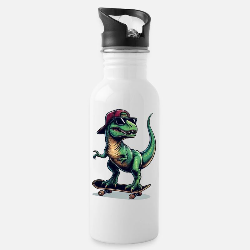 SSW35 Dino auf Skateboard - Trinkflasche mit integriertem Trinkhalm - Weiß