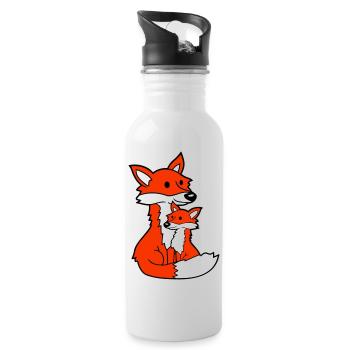 2 Foxes Mother Red Fox Little Child Father Mom - Water bottle with straw - white - Right