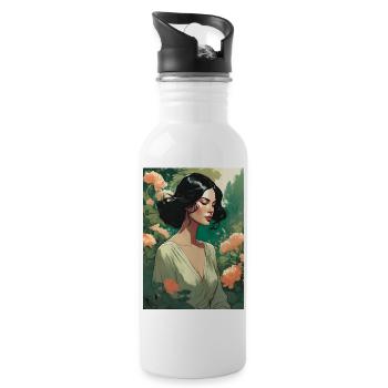 black-haired beautiful woman in flower field gift - Water bottle with straw - white - Right