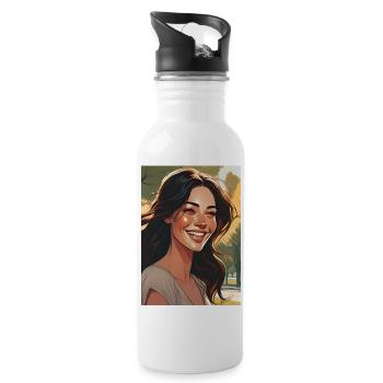 lächelnde Frau mit schwarzen braune dunklen Haaren - Trinkflasche mit integriertem Trinkhalm - Weiß - Rechts