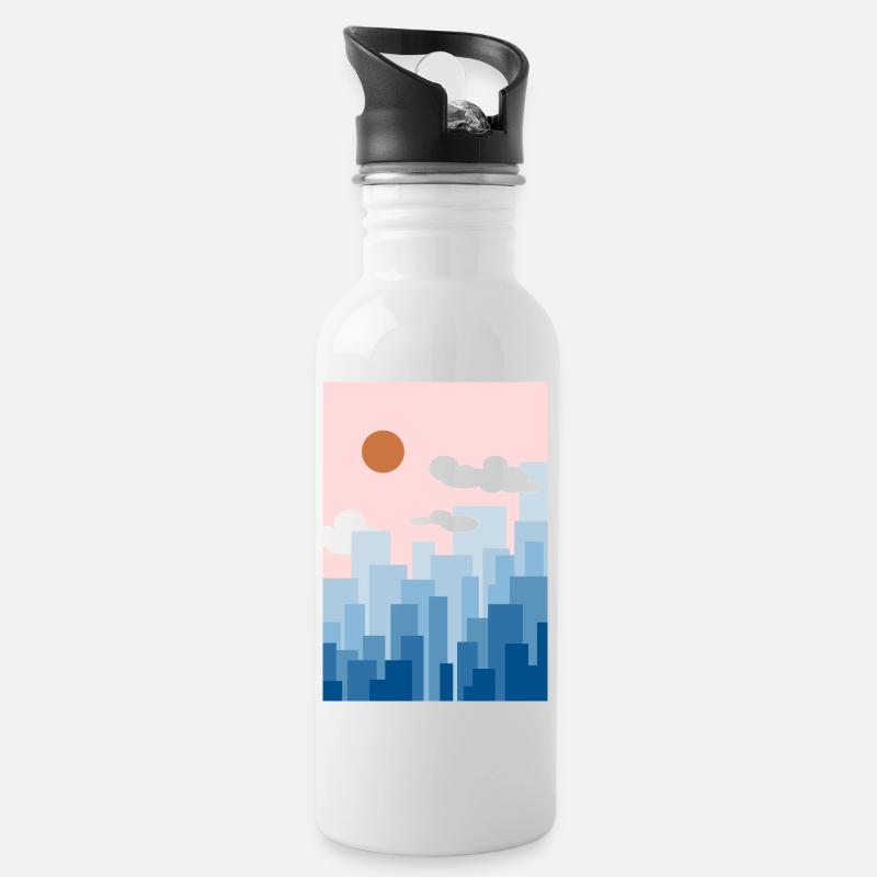 Skyline rosa - Trinkflasche mit integriertem Trinkhalm - Weiß