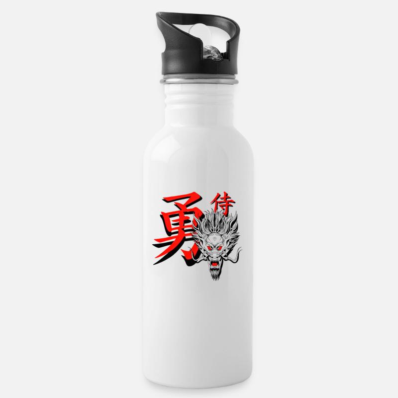 Samurai & Dragons – Japanese Warrior Design - Water bottle with straw - white