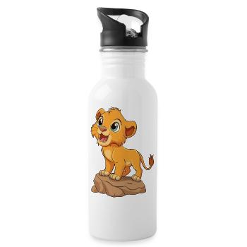 Cheerful Baby Lion Cub Roaring, on a Rock v03 - Water bottle with straw - white - Right