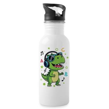 Green T-Rex with Headphones ABC - Back to School - Water bottle with straw - white - Right